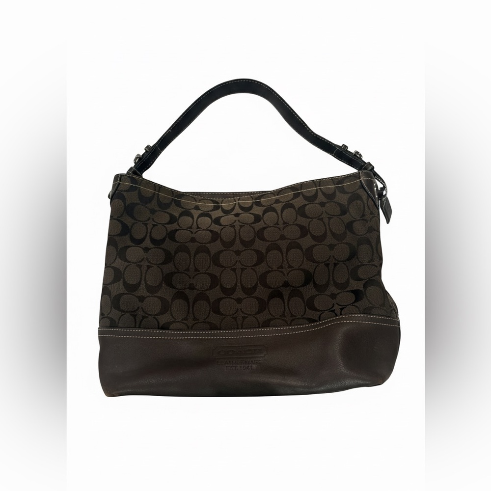 Coach large Signature Canvas Shoulder Bag dark brown jacquard with leather trim. - Picture 2 of 8